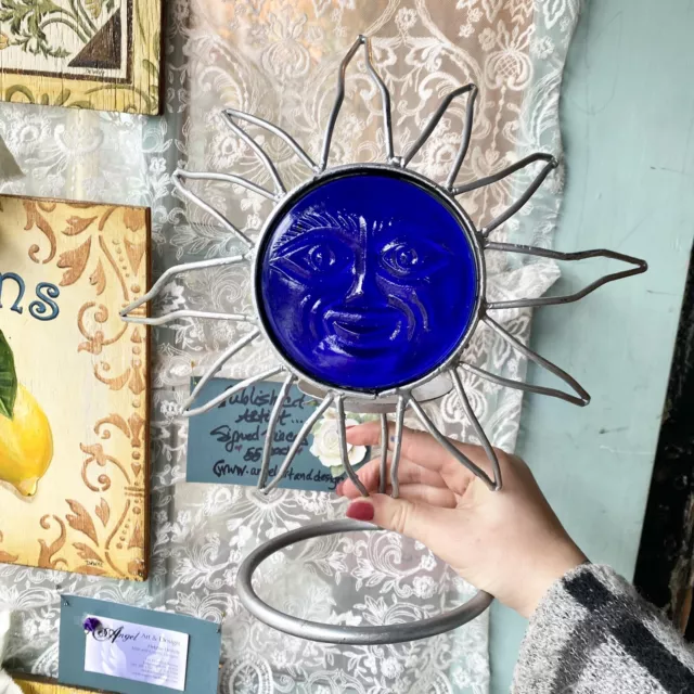 Vintage Celestial Standing Cobalt Blue Sun Face Glass Heavy Metal Candle Holder