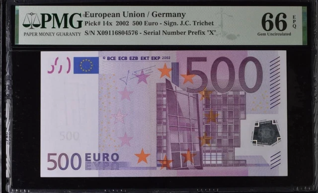GEM UNC 500 Euro Germany European Union 2002 Trichet P-14x R013A1 PMG 66EPQ X091