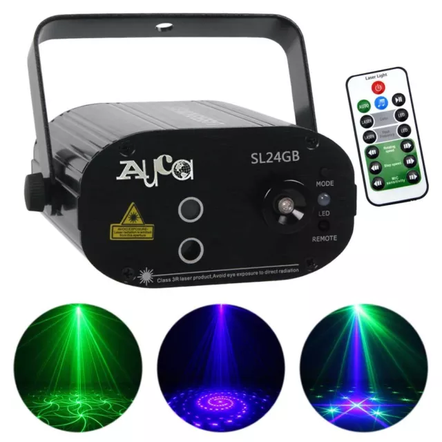 Mini Remote 24 Gobos GB Laser Stage Projector Mix DJ Party Show Blue LED Lights