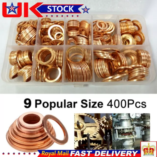 400PCS Assorted Solid Copper Car Engine Washers Crush Seal Flat Ring Gasket Set