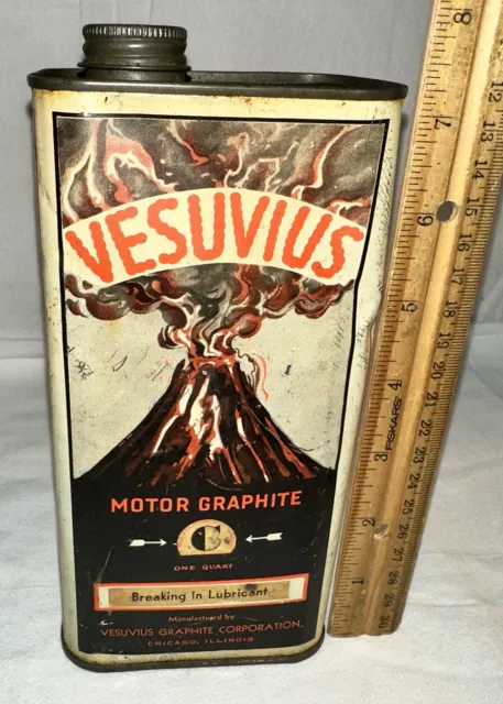 Antique Vesuvius Motor Graphite Lubrican Tin Litho Can Oil Gas Motor Volcano Wow