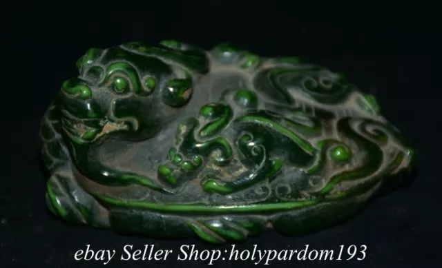4.4" Old Chinese Green Jade Carved Fengshui Pi Xiu Unicorn Dragon Turtle Statue