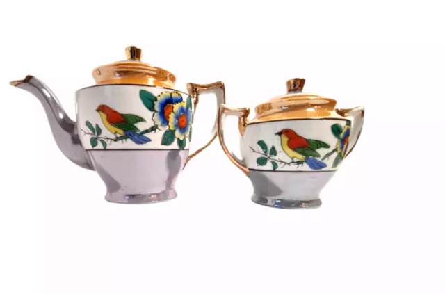 Vintage Lusterware Teapot And Sugar Bowl Hand Painted In Japan - Lovely Set