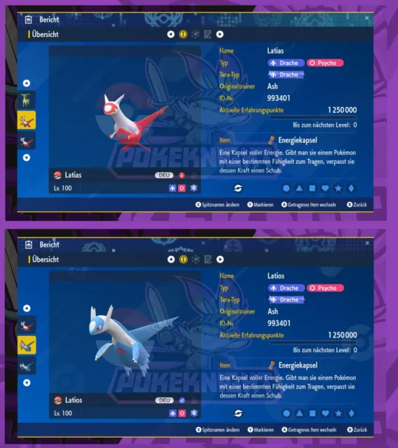 Latias & Latios Shiny/ non shiny 6IV Lvl 100 EV/AP Set Pokemon Karmesin & Purpur