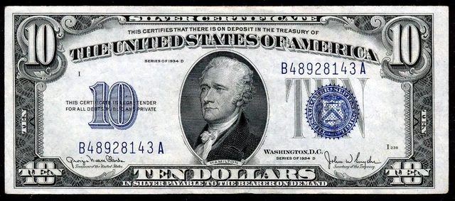 Fr.1705 1934D $10 SILVER CERTIFICATE "NARROW" BACK PLATE 1399 ABOUT UNCIRCULATED