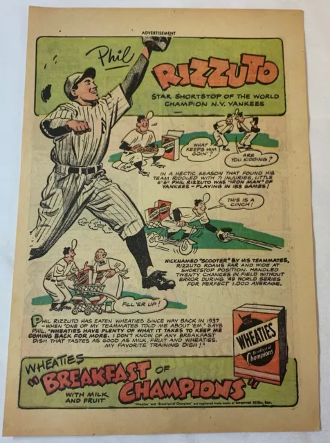 1950 Wheaties Cartoon Ad Phil Rizzuto ~ Ny Yankees