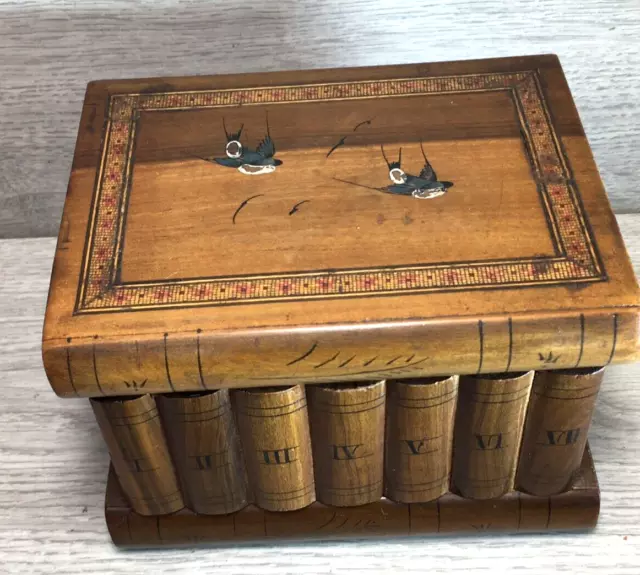 Beautiful antique Victorian Wooden inlaid puzzle box swallows painted