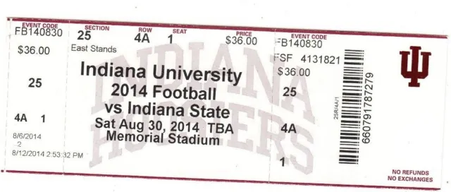 2014 Indiana Hoosiers Vs Indiana State 8/30 Ticket Stub College Football Tm