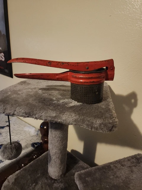 Antique Vintage Food Press Potato Ricer Juicer ~ Red Metal Handle Retro Kitchen