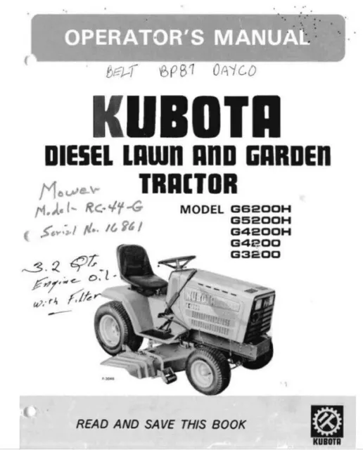 Kubota G6200H G5200H G4200H G4200 G3200 Operators Maintenance Manual