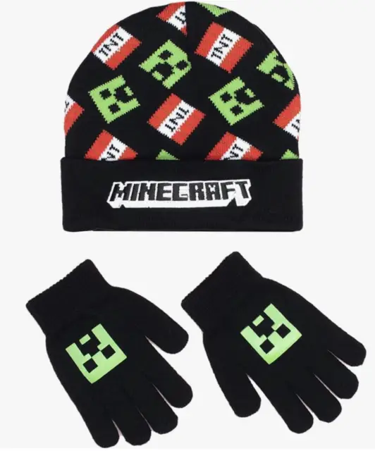Minecraft Hat & Gloves Set for Boys Ages 6-12 Knitted Beanie Hat Winter Hat Warm