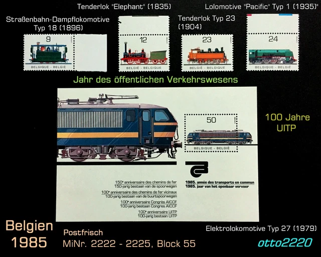 Belgien 1985, MiNr. 2222 - 2225 und Block 55 "EISENBAHN"; Postfrisch