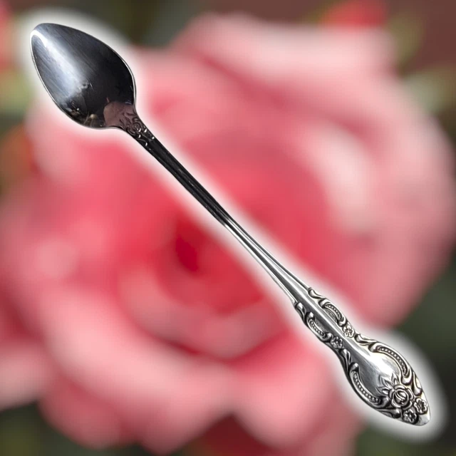 Vintage Rogers Stainless Steel Korea Cabbage Rose Floral Scroll Iced Tea Spoon
