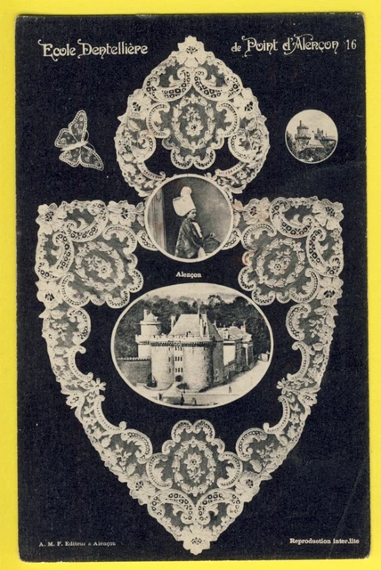 cpa Ecole DENTELLE  POINT d' ALENÇON Château LACE Papillon Coiffe Normande
