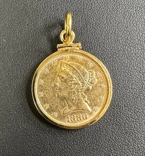 1880 $5 Liberty Head Five Dollar Gold Half Eagle Coin & 14kt Bezel/Pendant