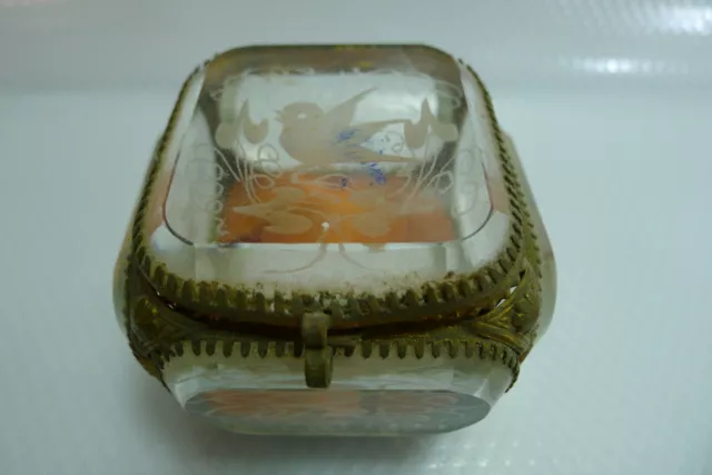 Antique French Rare Etched Beveled Glass Square Casket Trinket Brass Jewel Box