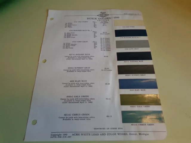 1949 Buick ACME Color Chip Paint Sample