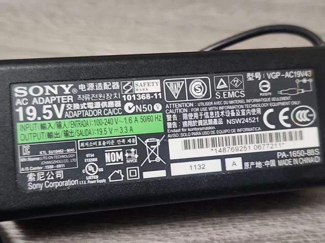 Sony Vaio Genuine Adapter Charger for Vaio Series 19.5V 90W Power Supply Laptop 2