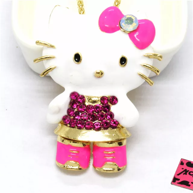 New Fashion Women Pink Enamel Cute Kitty Cat Bow Crystal Pendant Necklace