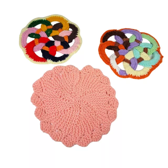 Vintage Lot Of Neon Rainbow Eternity Rings Crochet Pot Holders Hot Pads Trivet
