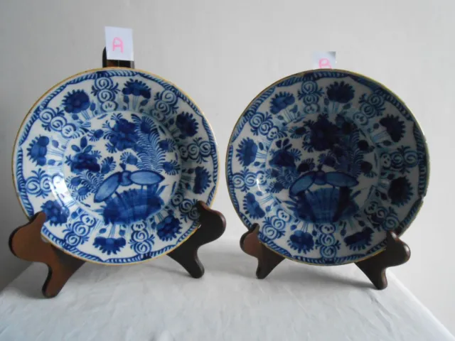 Antique pair of Dutch Delft plates 18th Century.  Mark :  "De Porceleyne Claeuw"