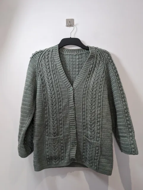 Vintage Cardigan Wool Chunky Cable Knit Hand Knitted Button Up Size 12-14 Grey