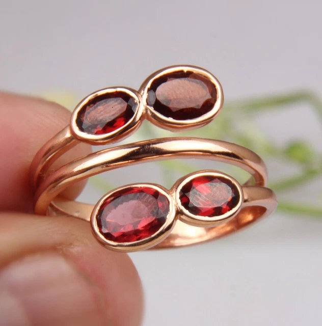Spiral Rose Gold Rings Multi Band Gemstone Adjustable Red Garnet Brass Gift Ring