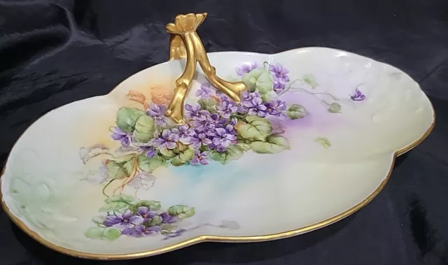 WG&Co William Guerin LIMOGES FRANCE HP FORGET ME NOT DISH W/Handle Gold Accents