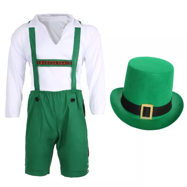 Irish Leprechaun Costume St Patricks Day Adults Lederhosen Green Hat Fancy Dress