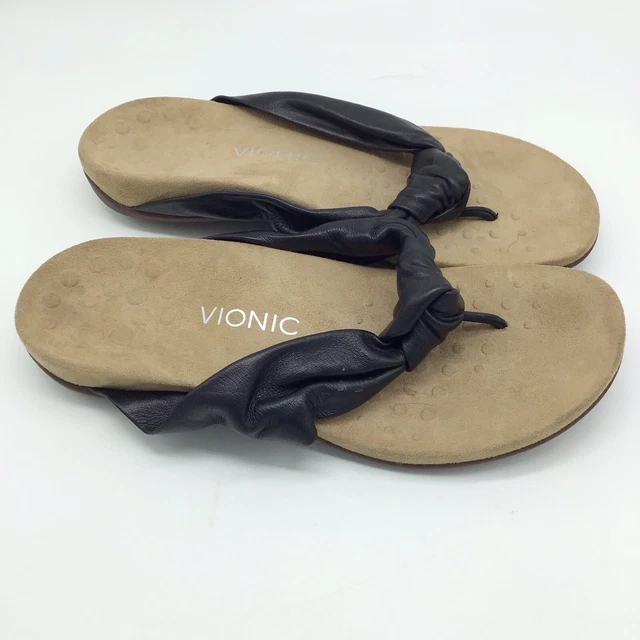 Vionic Pippa Thong slip on Flip Flop Black Leather Women's Size 9 Sandals Shoes