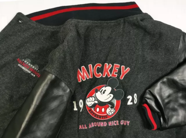 HOT VTG Men DISNEY MICKEY MOUSE EMBROIDERED VARSITY BLACK WOOL LEATHER Jacket XL