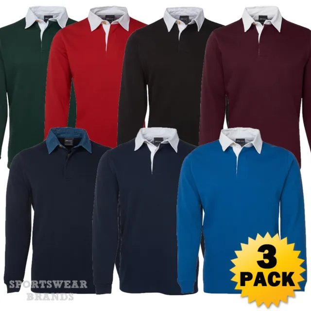 3 x Adults Rugby Long Sleeve Polo Top Shirt Mens Contrast Sports Sizes S-5XL 3R