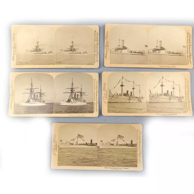 1898 5 StereoViews of US Navy Ships, Cruisers San Francisco Boston Vesuvius