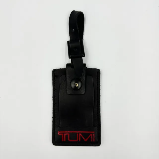 TUMI Black Leather Luggage Tag Suitcase Travel Bag Marker Red Logo 4” x 2.5”
