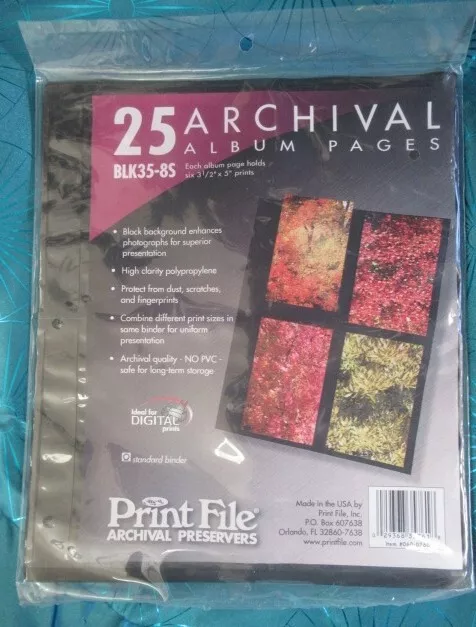 Archival Album Pages BLK35-8S Print File Preservers 3 1/2 " x 5" Prints 3-ring