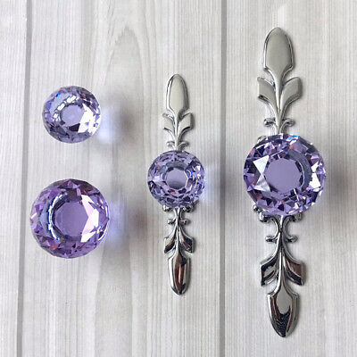Luxury Diamond purple Crystal Drawer Knob Handle Glass Dresser Silver Pulls