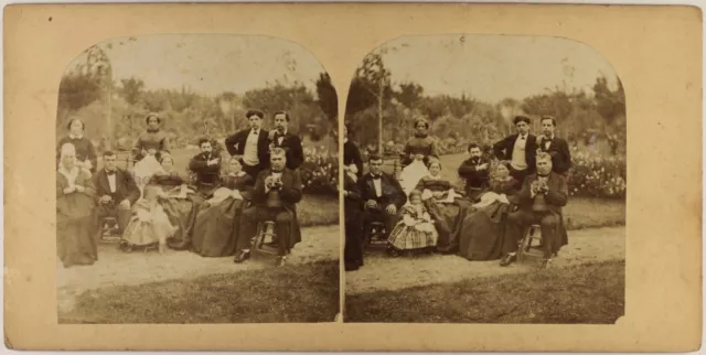 FRANCE Family Portraits in the Garden c1860 Photo Stereo Albumin Vintage