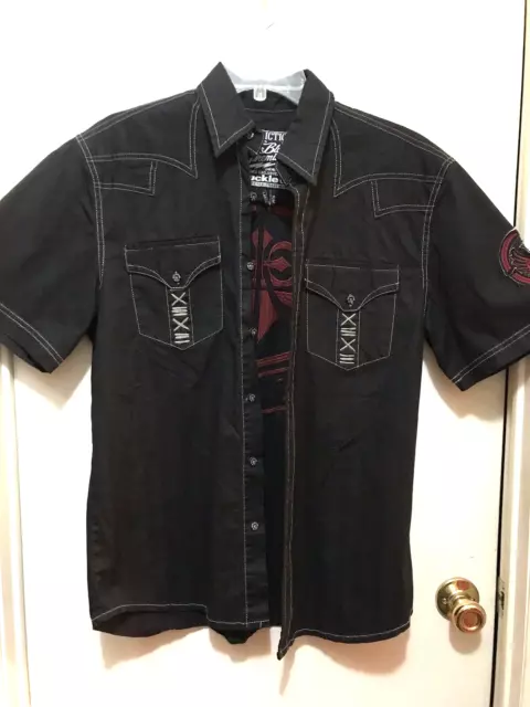 Affliction Shirt LG Short Sleeve Button Black Premium Red Live Fast Embroidery