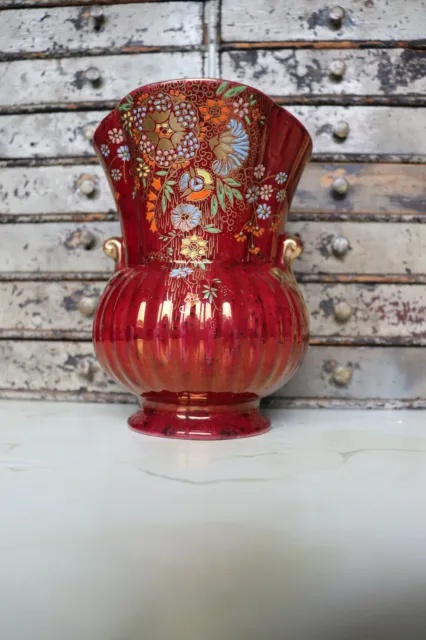 Vase Crown Devon 'Fieldings' Red Lustreware. Hand Painted Rot Lüster Handgemalt 3