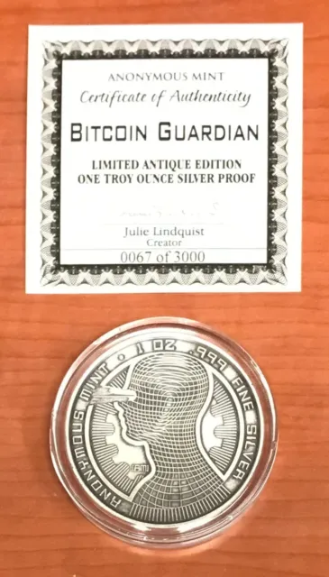 1 oz .999 Silver Anonymous Mint BITCOIN GUARDIAN Antique Proof Round MTG 3,000!