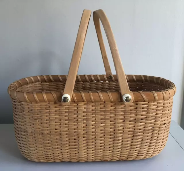 Vintage 13" Large Nantucket Lightship Handcrafted Wood Basket w Swivel Handles