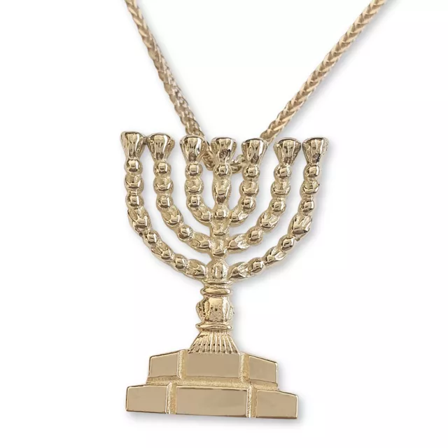 14K Yellow Gold Menorah Necklace Jerusalem Temple Lamp Pendant Judaica Jewelry