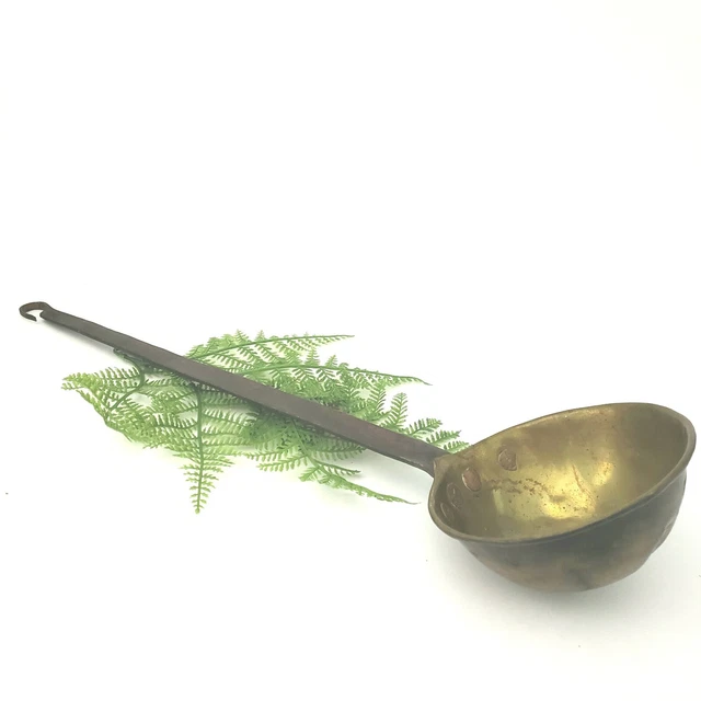 Unusual Early Hand Forged Wrought Iron & Brass Ladle Dipper