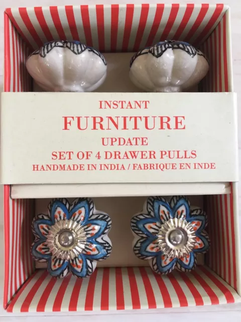 Instant Furniture Update Set Of 4 Handmade Ceramic Knob Floral Blue,Orange,Black