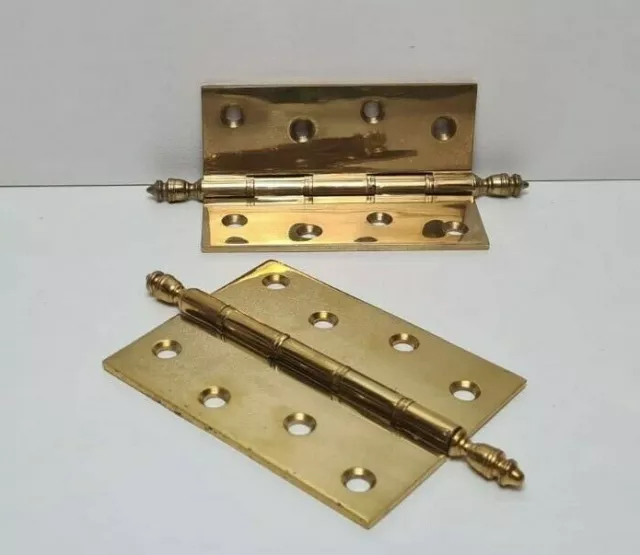 Pair Of Solid polished Butt Brass Finial Cabinet Furniture Door Hinges 100mm 4"