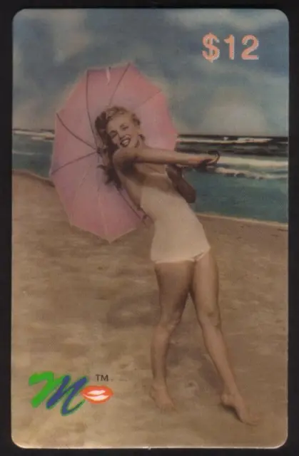 $12. Marilyn Monroe In Swimsuit Holding Pink Umbrella On Beach Phone Card
