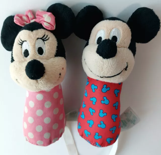 Disney Baby Minnie & Mickey Mouse Plush Pink Blue Rattle Soft Stuffed Crib Toy