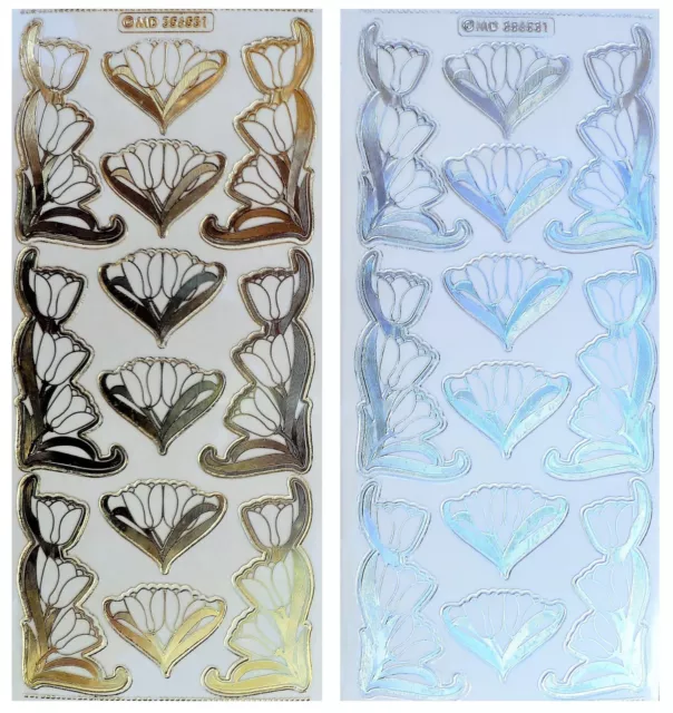EMBOSSED TULIP CORNERS Peel Off Stickers Flower Border Gold or Silver on Clear