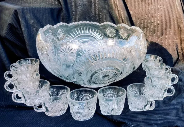 Pinwheel & Stars Crystal Punch Bowl Set~American Brillian EAPG~Smith Glass Co.