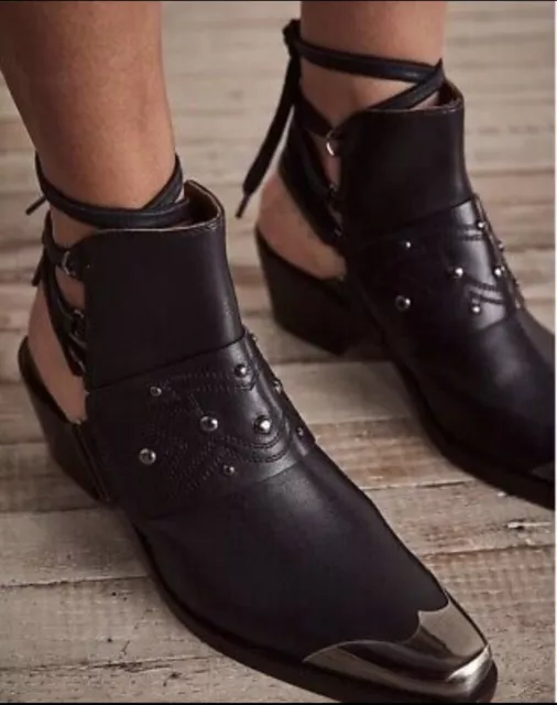 New Free People Rory Black Leather Studded Lace-Up Ankle Boot Bootie Size Eu40